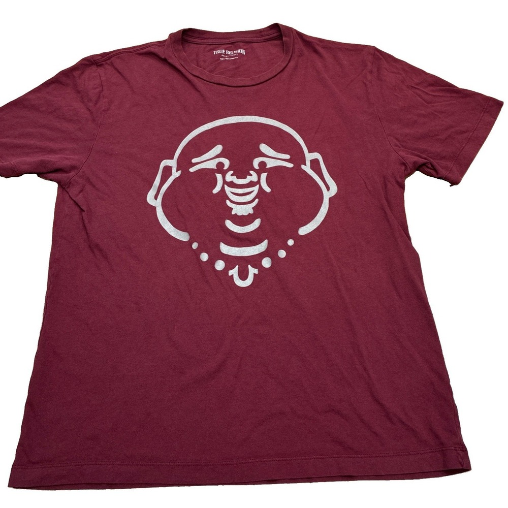 True Religion Men's Burgundy Logo Graphic Print Crew Neck Short Sleeve T-Shirt